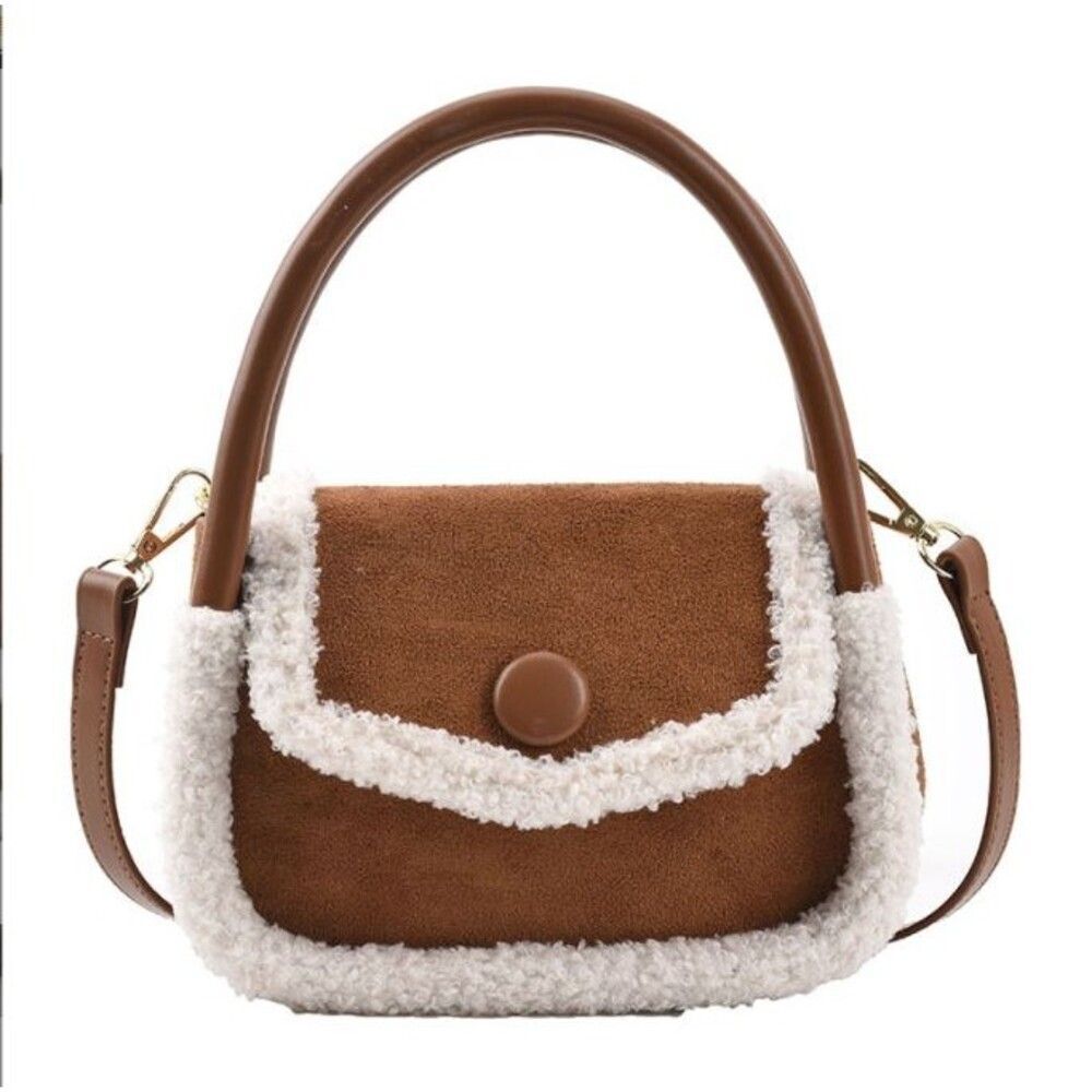 Women's Brown Suede Fur Accent Crossbody Satchel Bag Vintage Look Purse